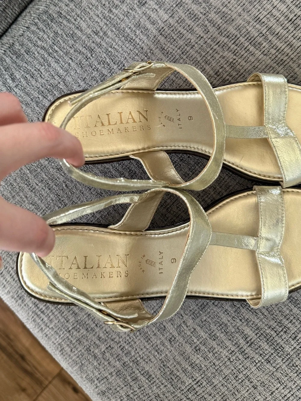 Gold and Brown Strapped High Heeled Wedge Sandals by Italian Shoemakers Size 9